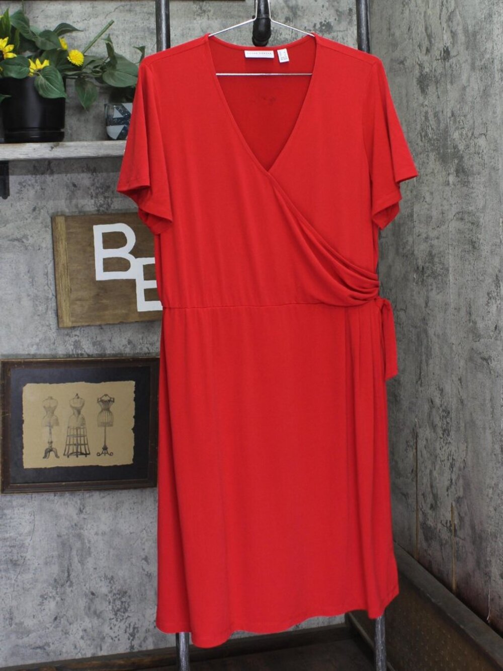 Susan Graver Red Susan Graver Regular Liquid Knit Faux Wrap Dress L Sz L